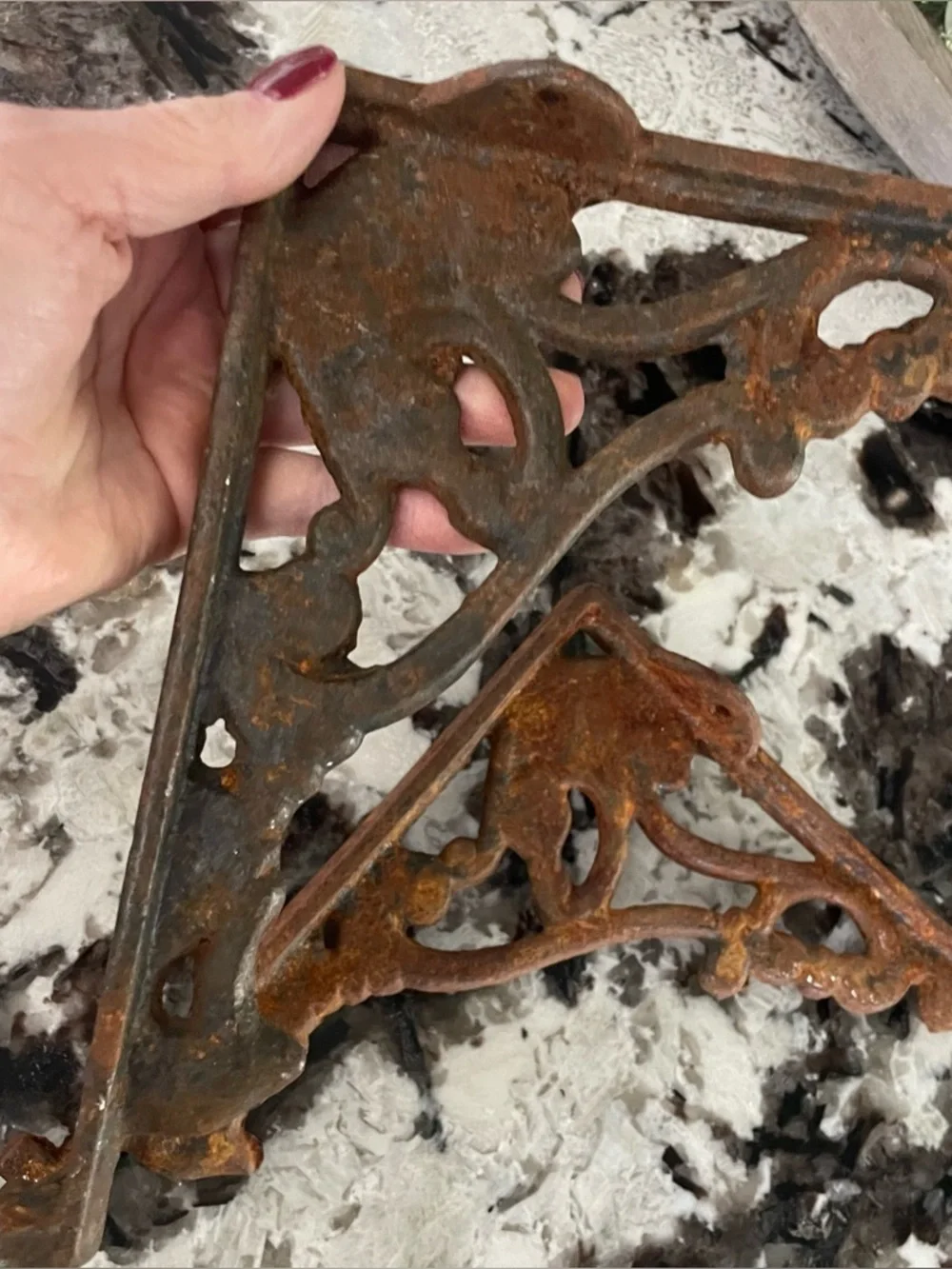 Rustic Brown Cast Iron Decorative Wall Shelf Bracket Pair 8” x 7”, Vintage